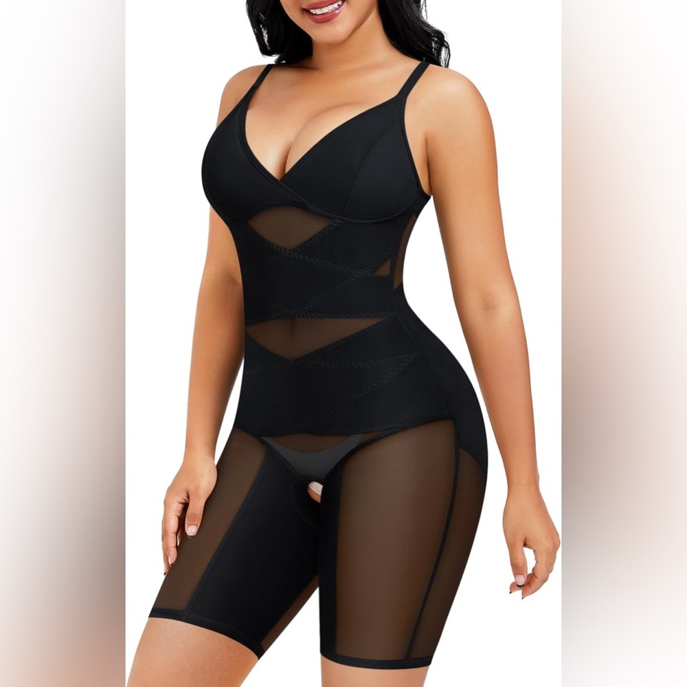 Black Seamless Shaping Bodysuit with Sheer Panels